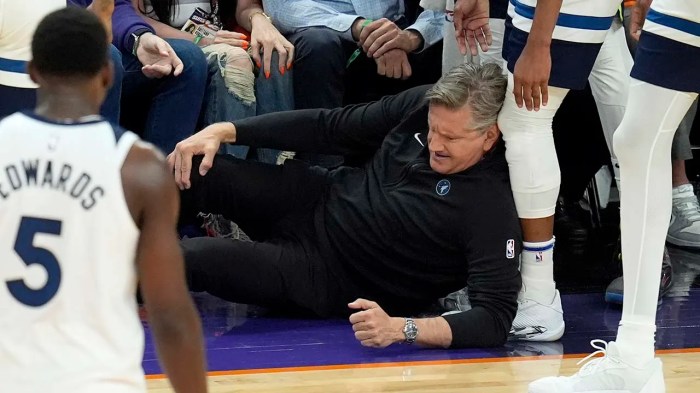 Wolves hc chris finch ruptures patellar tendon after collision in game 4 vs suns