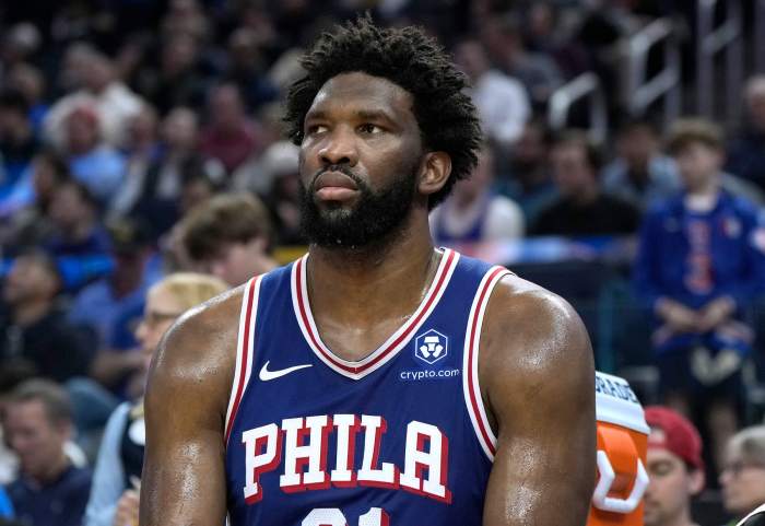 Philadelphia knee 76ers tear meniscus embiid joel sits